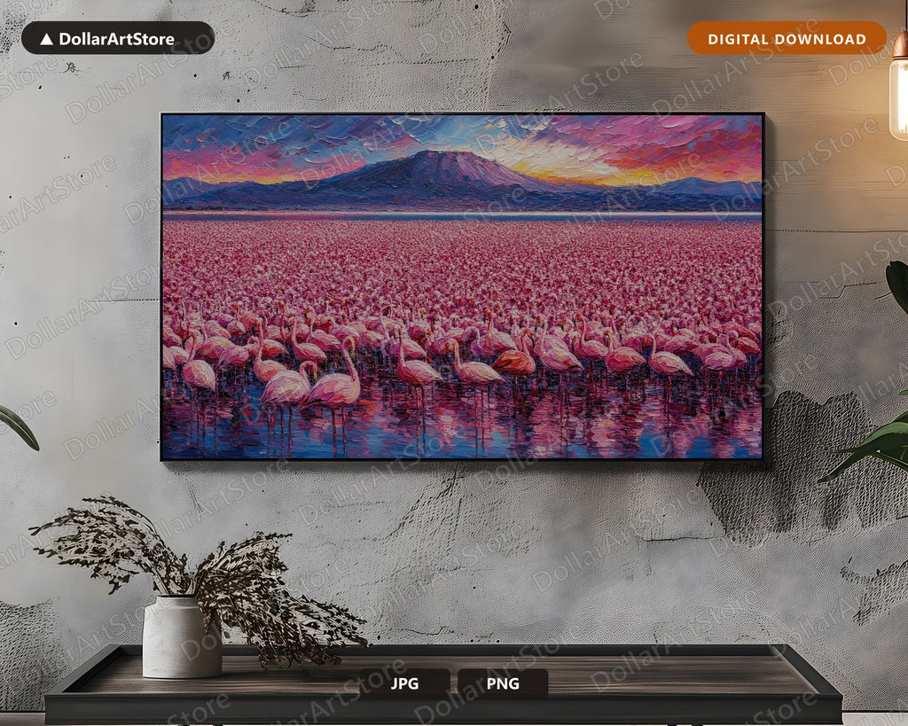 Textured Flamingo Landscape Frame TV Art, Samsung 4K TV Digital Download, Scenic Volcano Screensaver Art