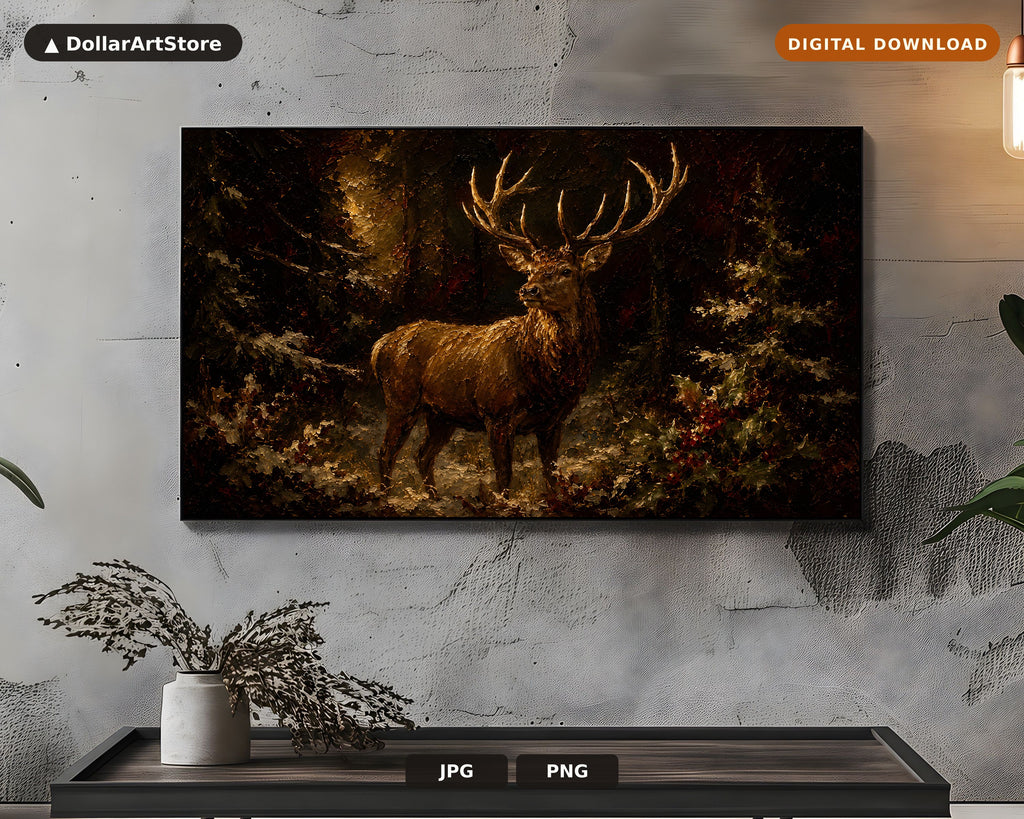 Dark Moody Stag Frame TV Art, Samsung Frame TV Digital Download, Rustic Deer Screensaver 4K