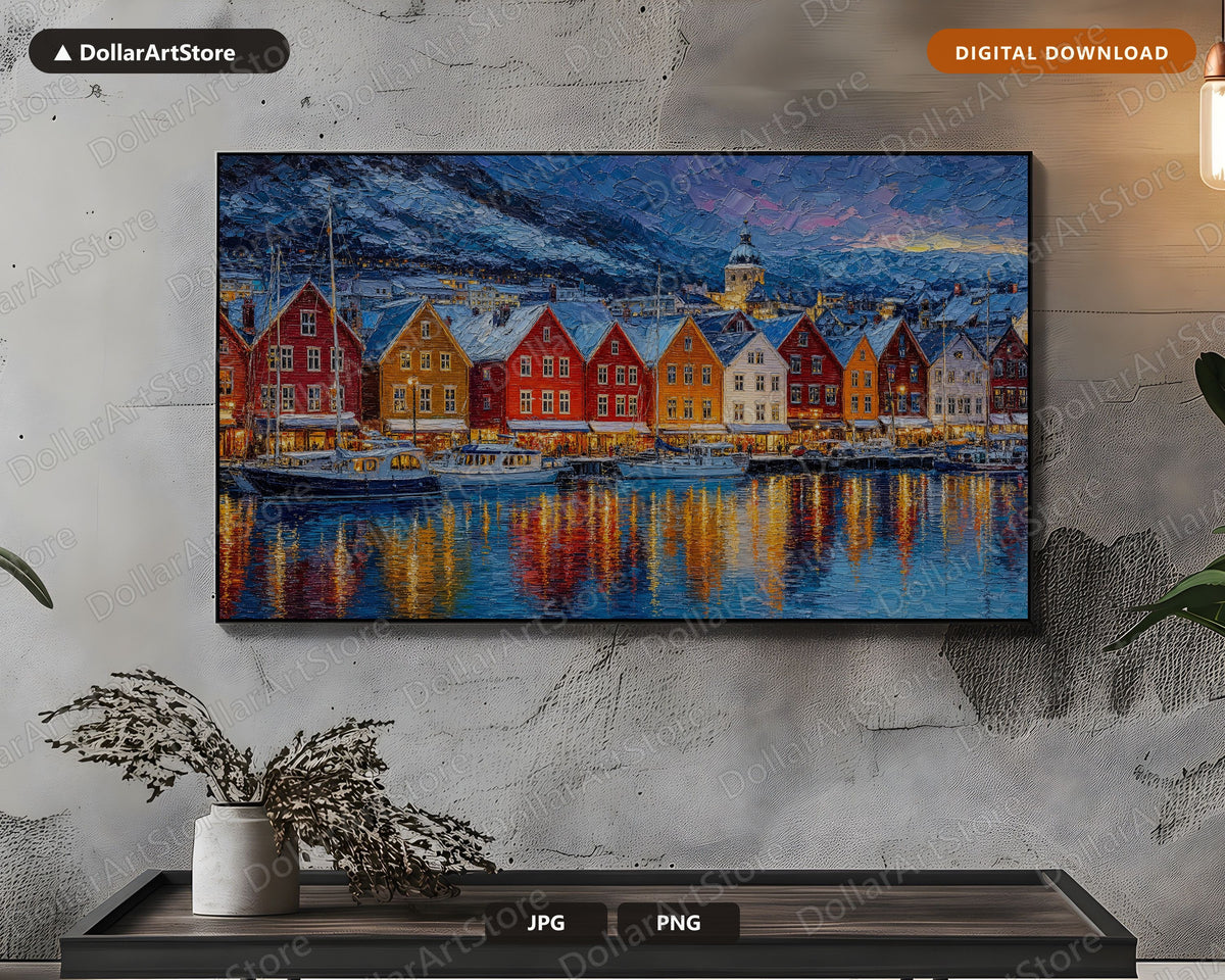 Cozy Scandinavian Harbor Frame TV Art, Winter Coastal Townscape, 4K Samsung TV Digital Download