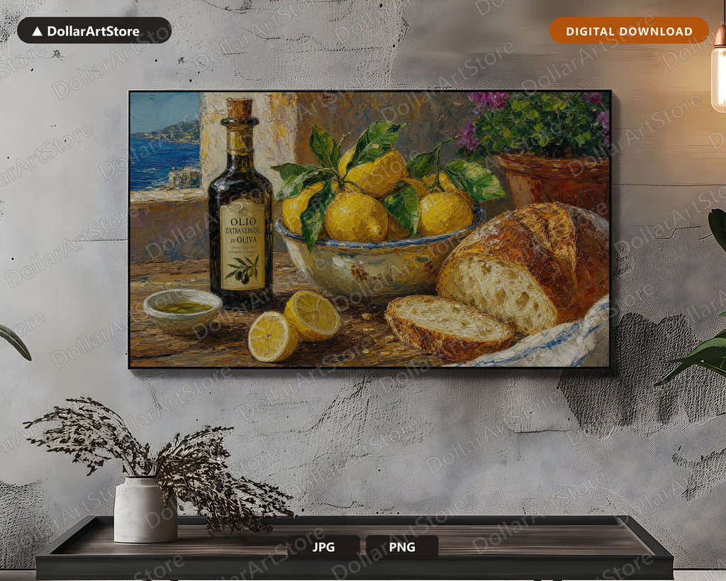 Cozy Mediterranean Table Frame TV Art, Samsung Frame TV Digital Download, 4K Textured Coastal Scenery