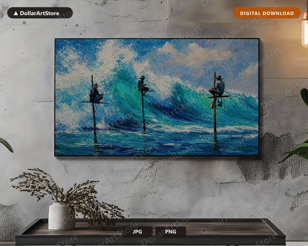 Cozy Coastal Frame TV Art, Fishermen Stilt Landscape Samsung Digital Download 4K