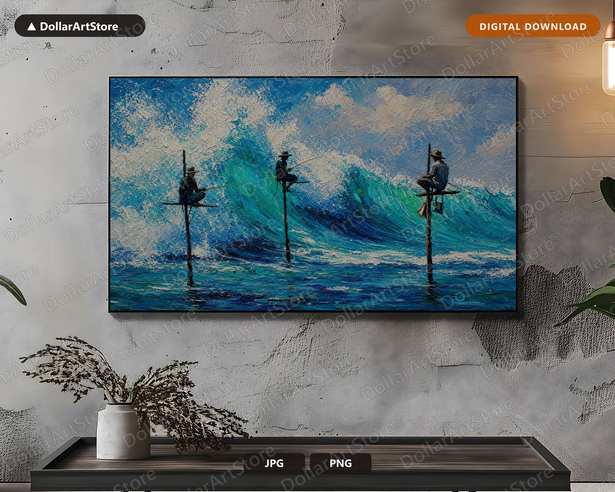 Cozy Coastal Frame TV Art, Fishermen Stilt Landscape Samsung Digital Download 4K