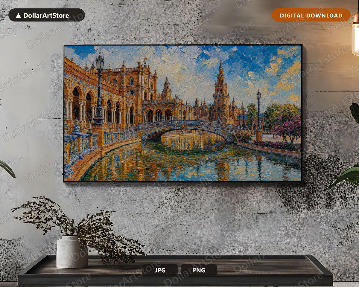 Cozy European Plaza de Espana Palace Frame TV Art of Famous Spanish Landmark