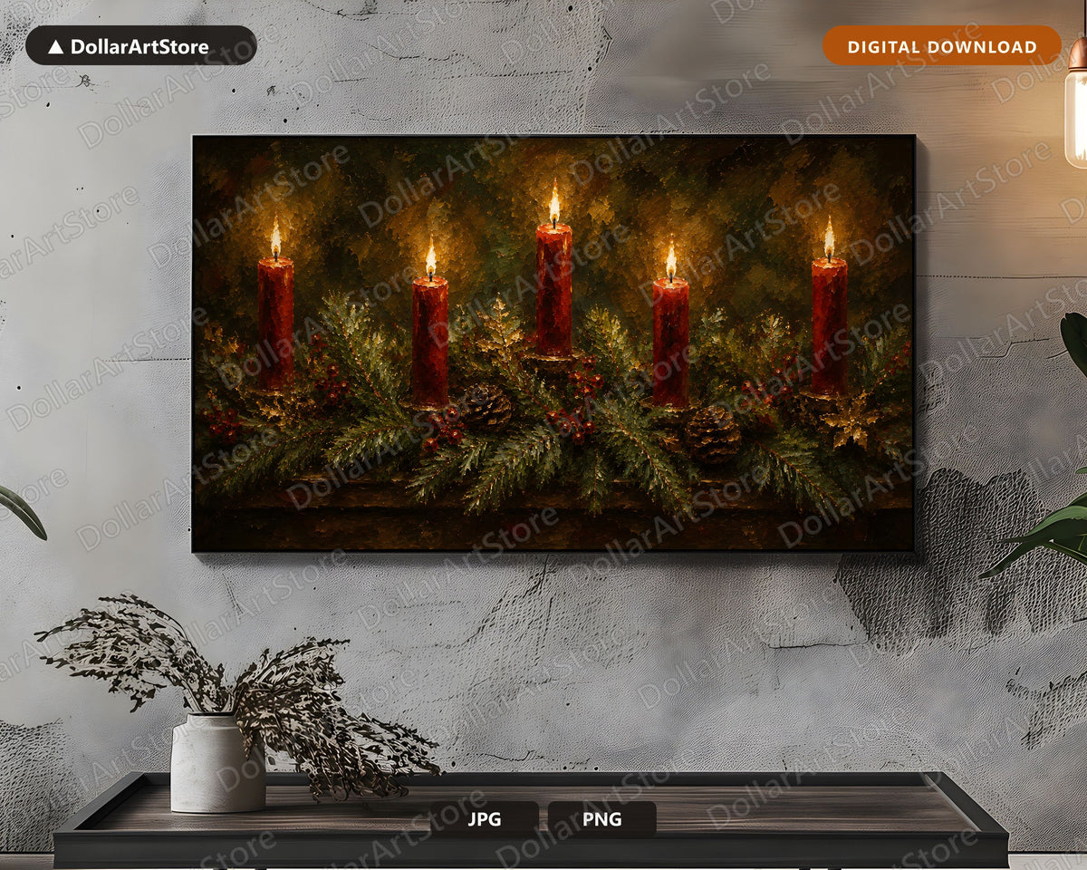 Cozy Holiday Frame TV Art, Christmas Candles Samsung Frame TV Digital Download, 4K Textured Festive Screensaver