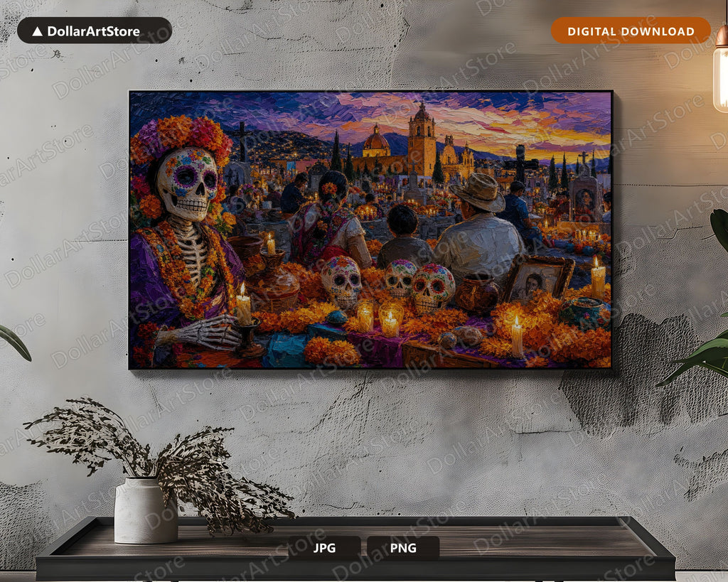 Day of the Dead Cemetery Frame TV Art, Textured Landscape Samsung Frame TV Digital Download 4K