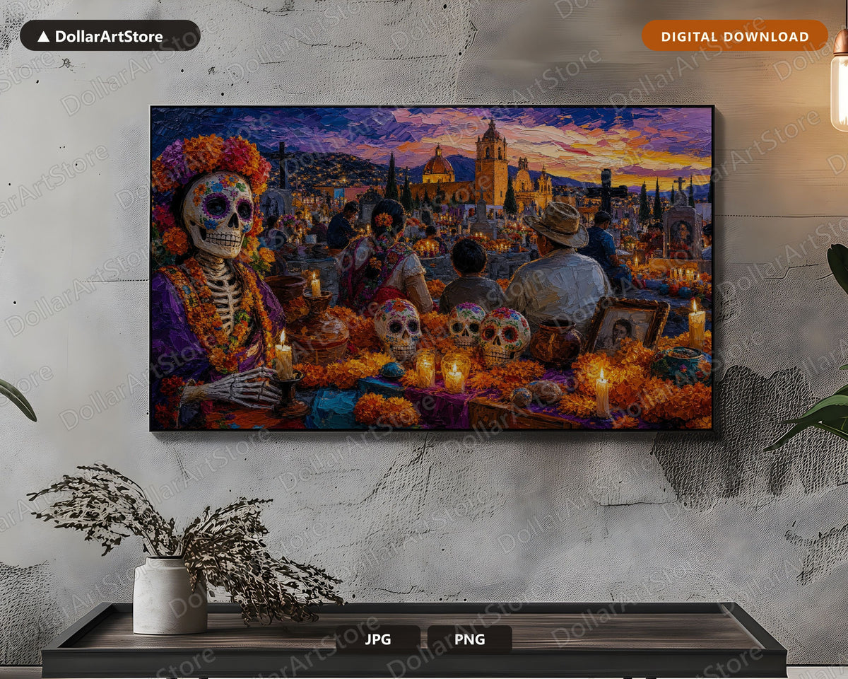 Day of the Dead Cemetery Frame TV Art, Textured Landscape Samsung Frame TV Digital Download 4K