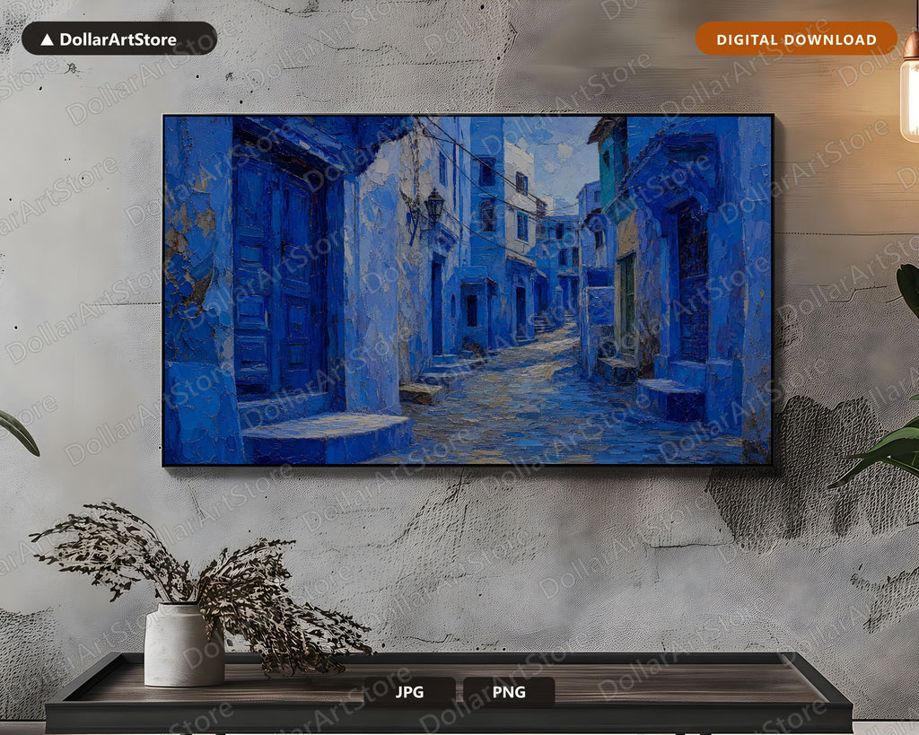 Textured Blue Street Scenery Frame TV Art, Samsung Frame TV Digital Download, 4K Architectural Art