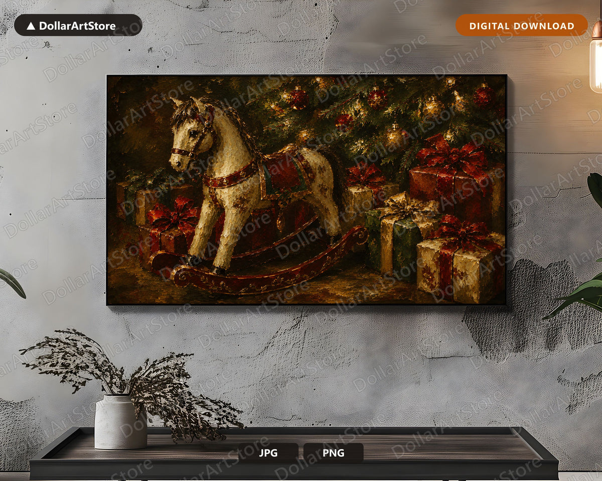 Cozy Holiday Frame TV Art, Rocking Horse Christmas Screensaver, Samsung Frame TV 4K Digital Download