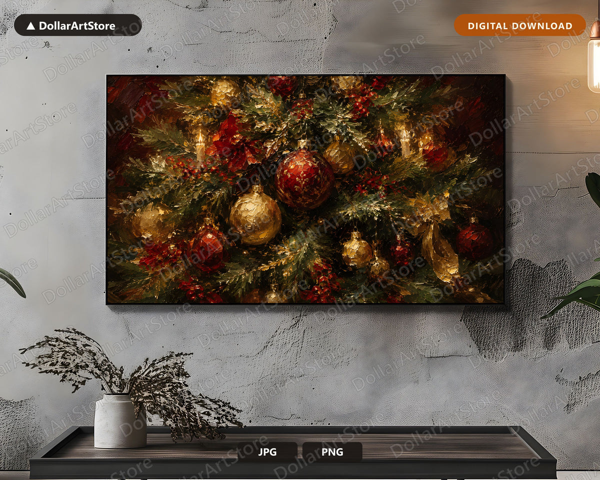 Cozy Holiday Samsung Frame TV Art, Red Gold Green Evergreen Christmas Garland