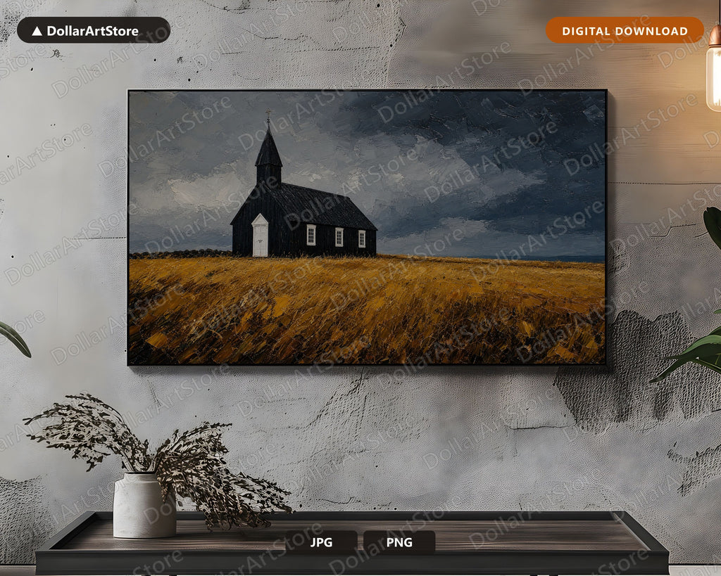 Dark Moody Rustic Church and Landscape Scenery Frame TV Art