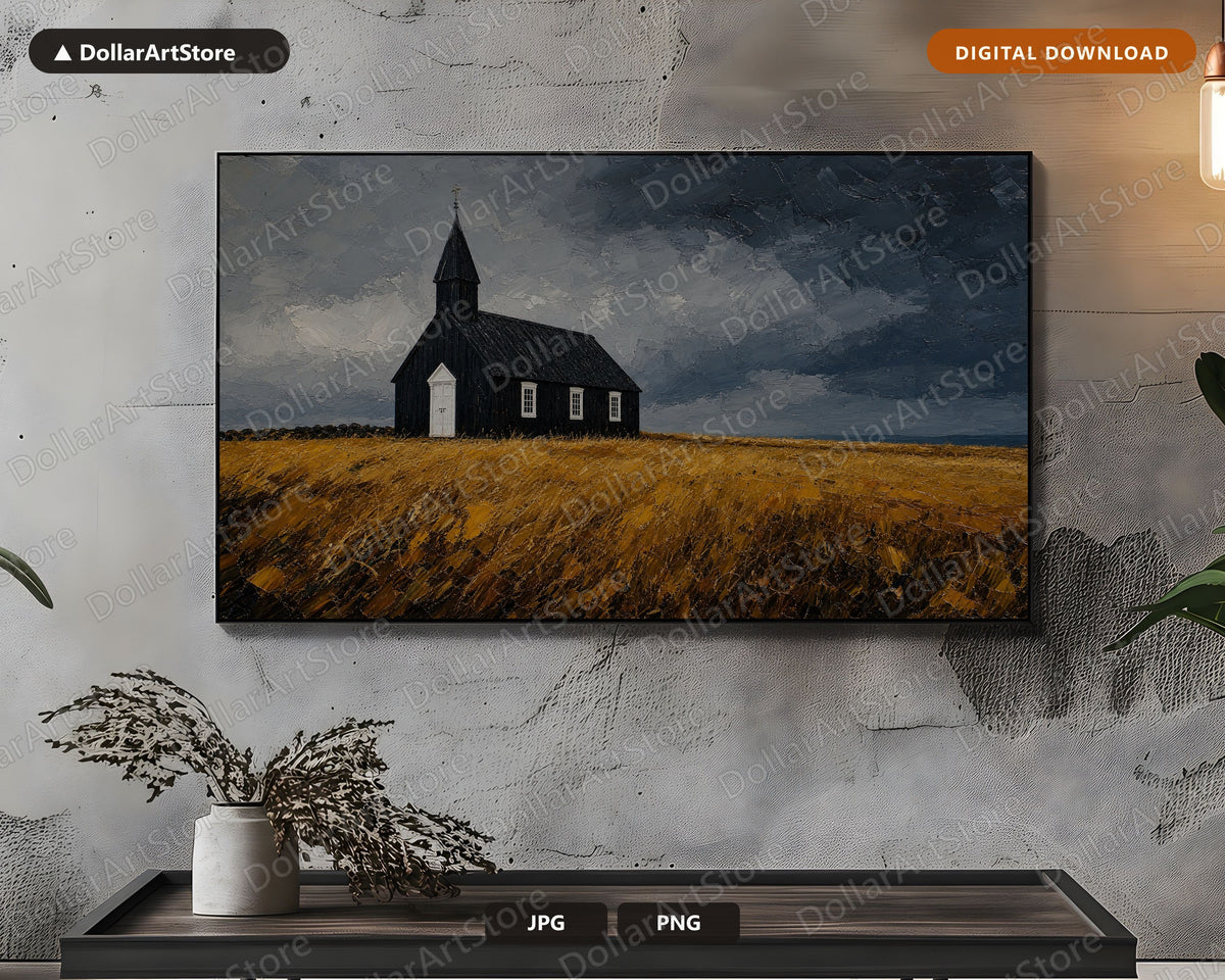 Dark Moody Rustic Church and Landscape Scenery Frame TV Art