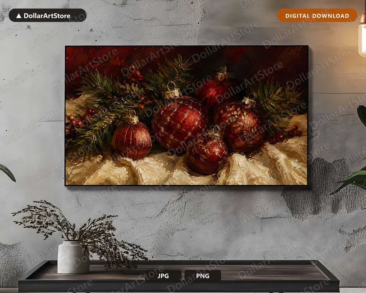 Cozy Holiday Christmas Frame TV Art, Red Gold Ornaments, Samsung Frame TV 4K Digital Download
