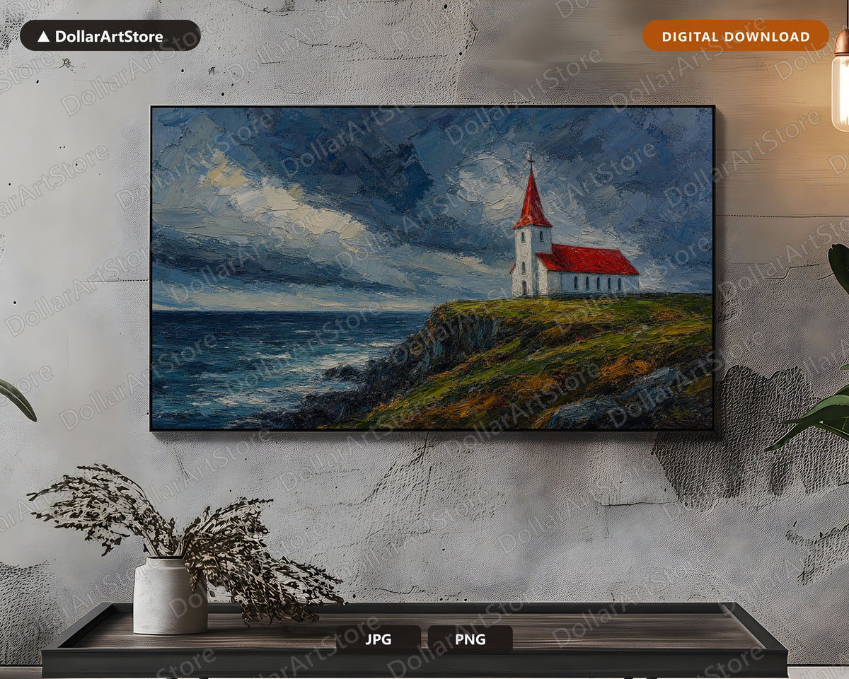 Arctic Church Frame TV Art, Textured Coastal Landscape Samsung Frame TV Digital Download 4K