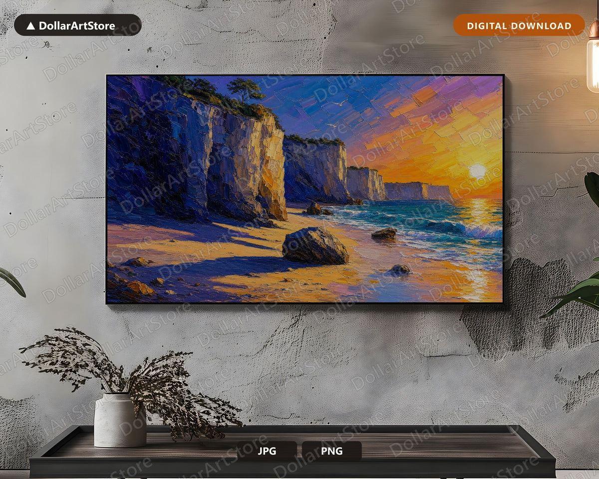 Cozy Coastal Cliffs Frame TV Art, Sunset Scenery Samsung Frame TV Download 4K
