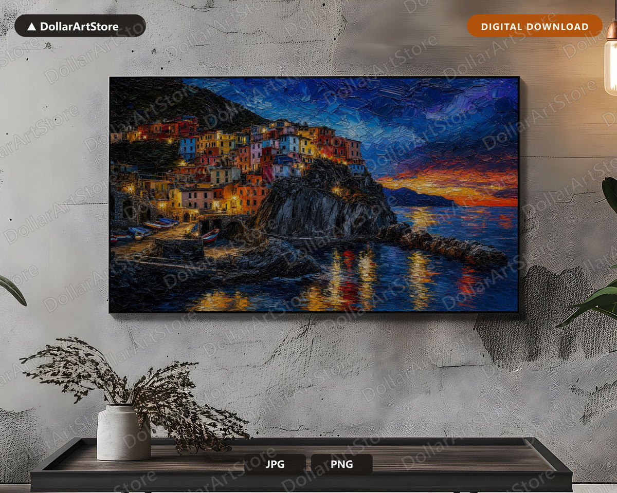Cozy Cinque Terre Frame TV Art, Samsung Frame TV Digital Download, 4K Textured Coastal Scenery