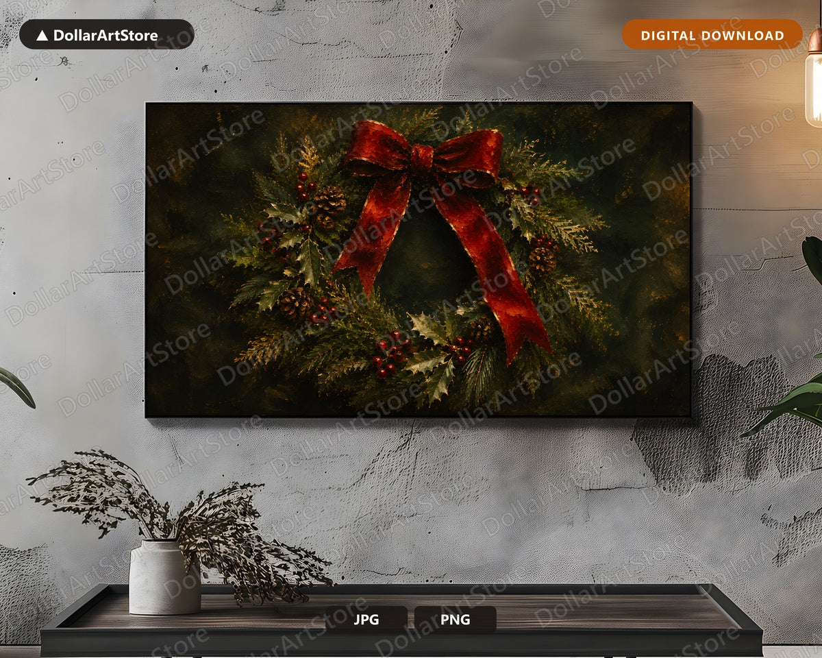 Cozy Holiday Wreath Frame TV Art, Red Bow Christmas Wreath Samsung Frame TV Digital Download 4K