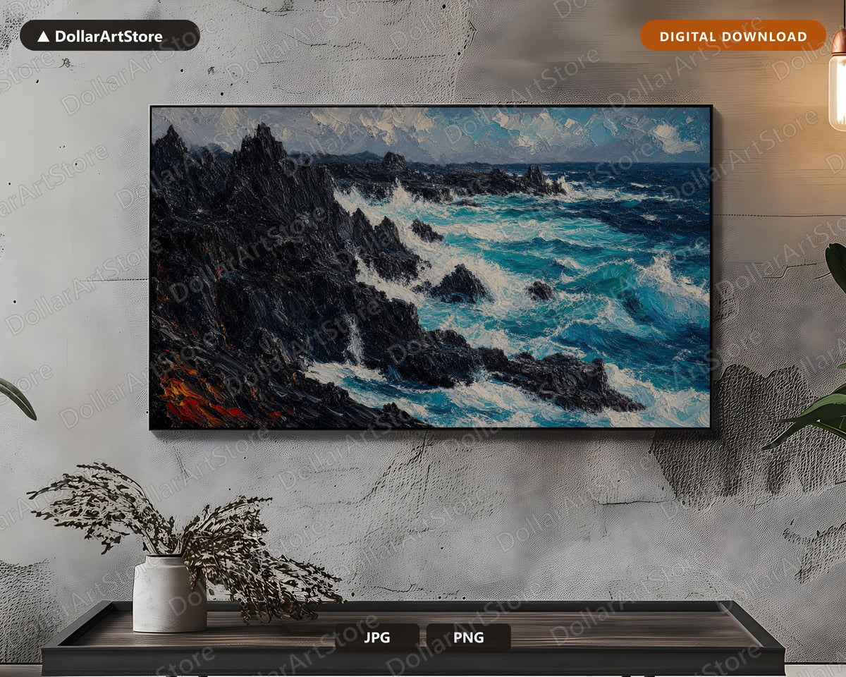 Moody Coastal Scenery Frame TV Art, Samsung Frame TV Digital Download, 4K Textured Ocean Landscape