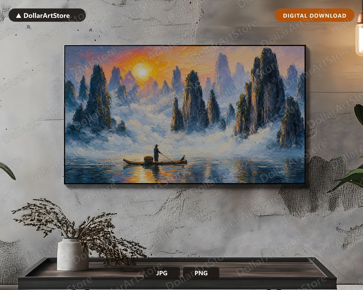 Cozy Winter Mountain Landscape Frame TV Art, Samsung TV Digital Download, 4K Scenic Textured Art