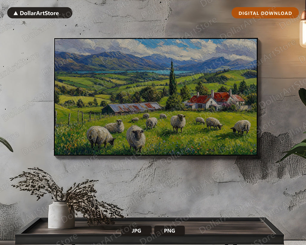 Cozy Pastoral Frame TV Art, Rolling Hills Sheep Farm Samsung Frame TV Download, 4K Textured Scenery Art