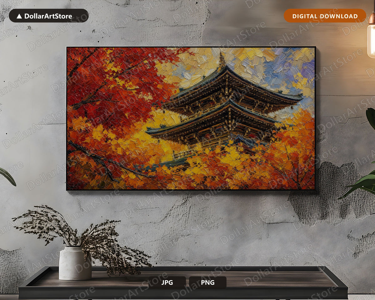 Cozy Autumn Frame TV Art, East Asian Temple Samsung Frame Digital Download, 4K Textured Scenery