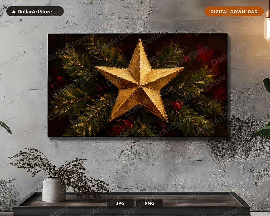 Cozy Christmas Frame TV Art, Gold Star & Evergreen, Samsung TV Digital Download 4K