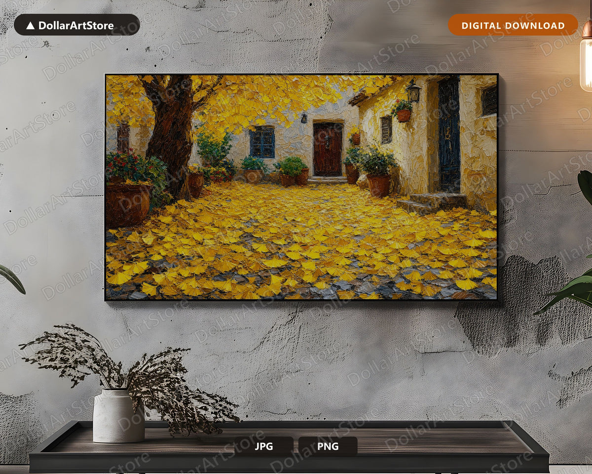 Cozy Autumn Courtyard Frame TV Art, Samsung Frame TV Digital Download, 4K Textured Scenery