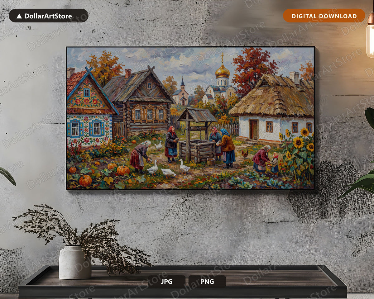 Cozy Rustic Eastern European Village Frame TV Art, Samsung Frame TV Digital Download, 4K Autumn Farmhouse Wallpaper