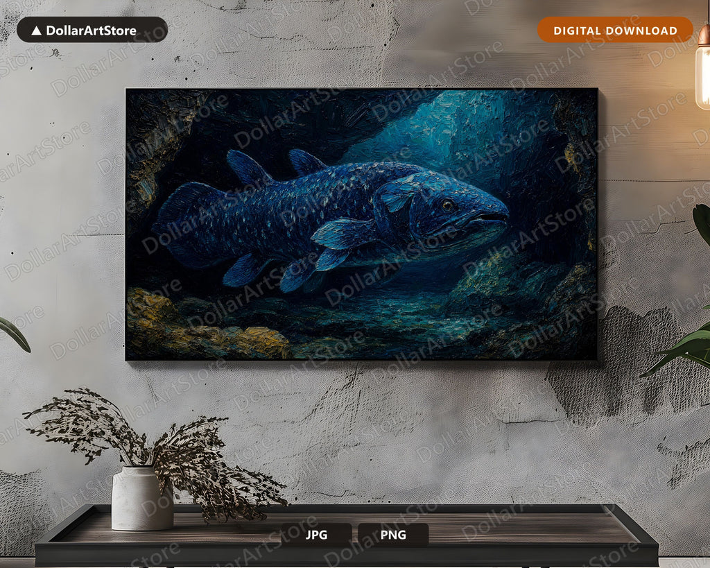 Cozy Dark Underwater Frame TV Art, Samsung Frame TV Digital Download, 4K Coelacanth Screensaver Art