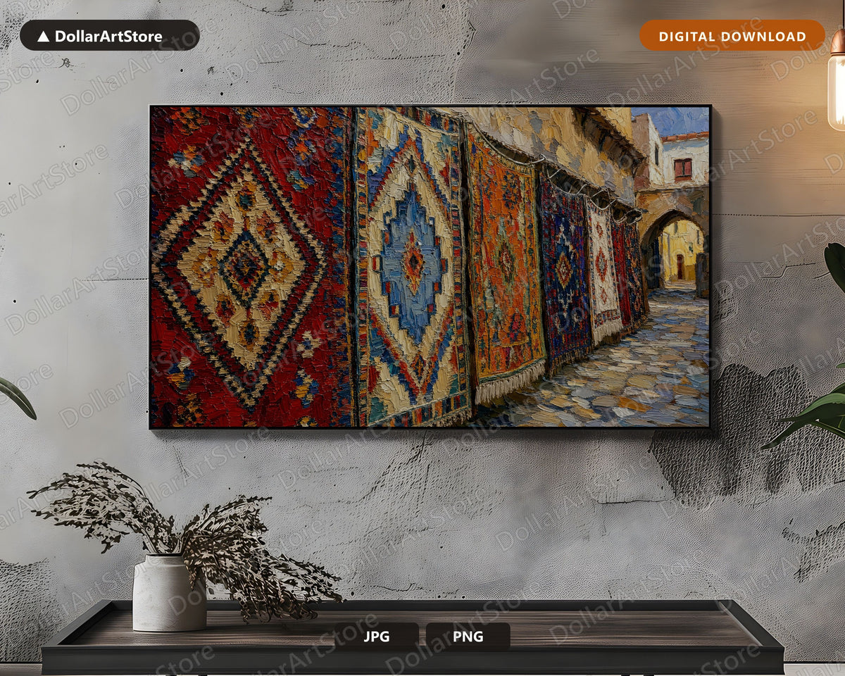 Cozy North African Textured Frame TV Art, Samsung Frame TV Digital Download, Moroccan Rug Market Screensaver 4K