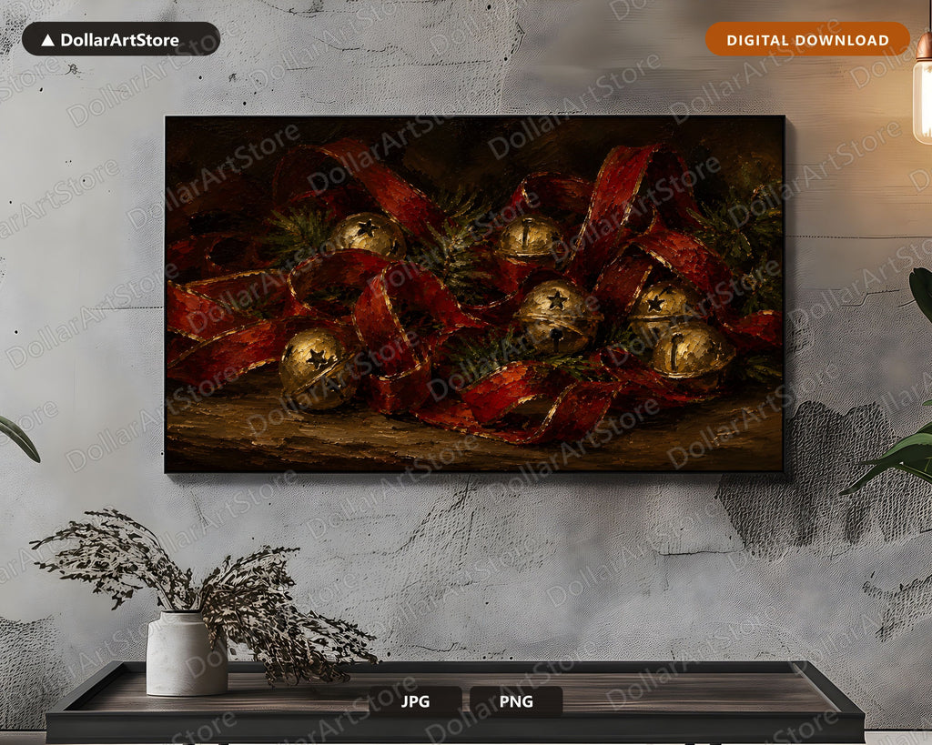 Cozy Christmas Frame TV Art, Red Gold Bells Textured Digital Download, Samsung Frame TV 4K
