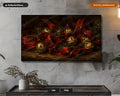 Cozy Christmas Frame TV Art, Red Gold Bells Textured Digital Download, Samsung Frame TV 4K