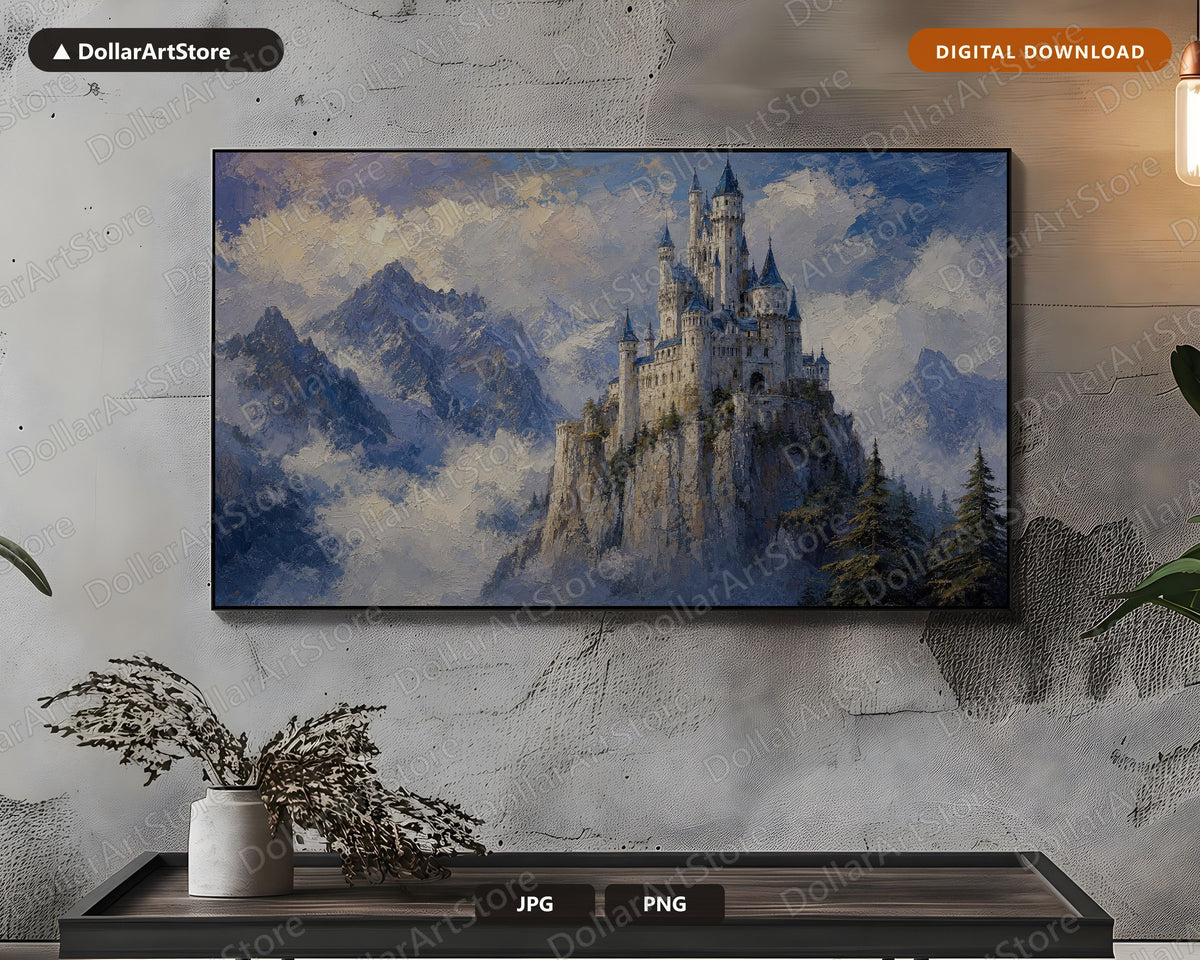 Cozy Castle Landscape Frame TV Art, Samsung Frame TV Digital Download, 4K Textured Mountain Scenery