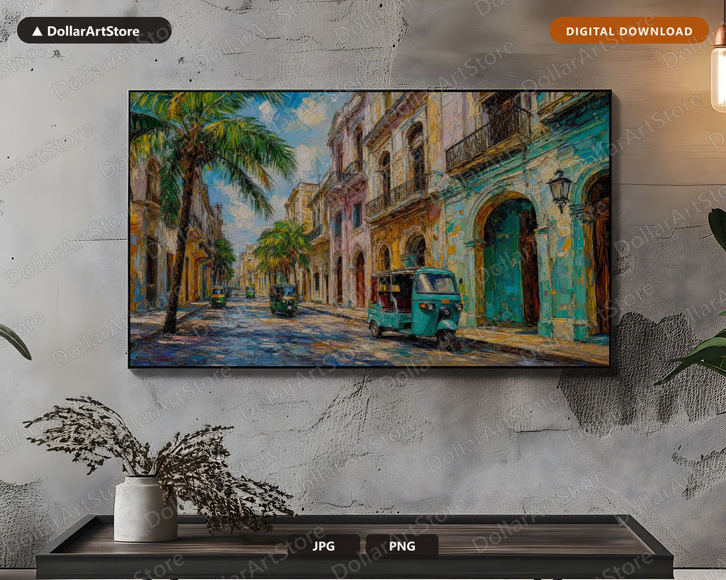 Cozy Tropical Frame TV Art, Samsung Frame TV Digital Download, 4K Colonial Street Scenery