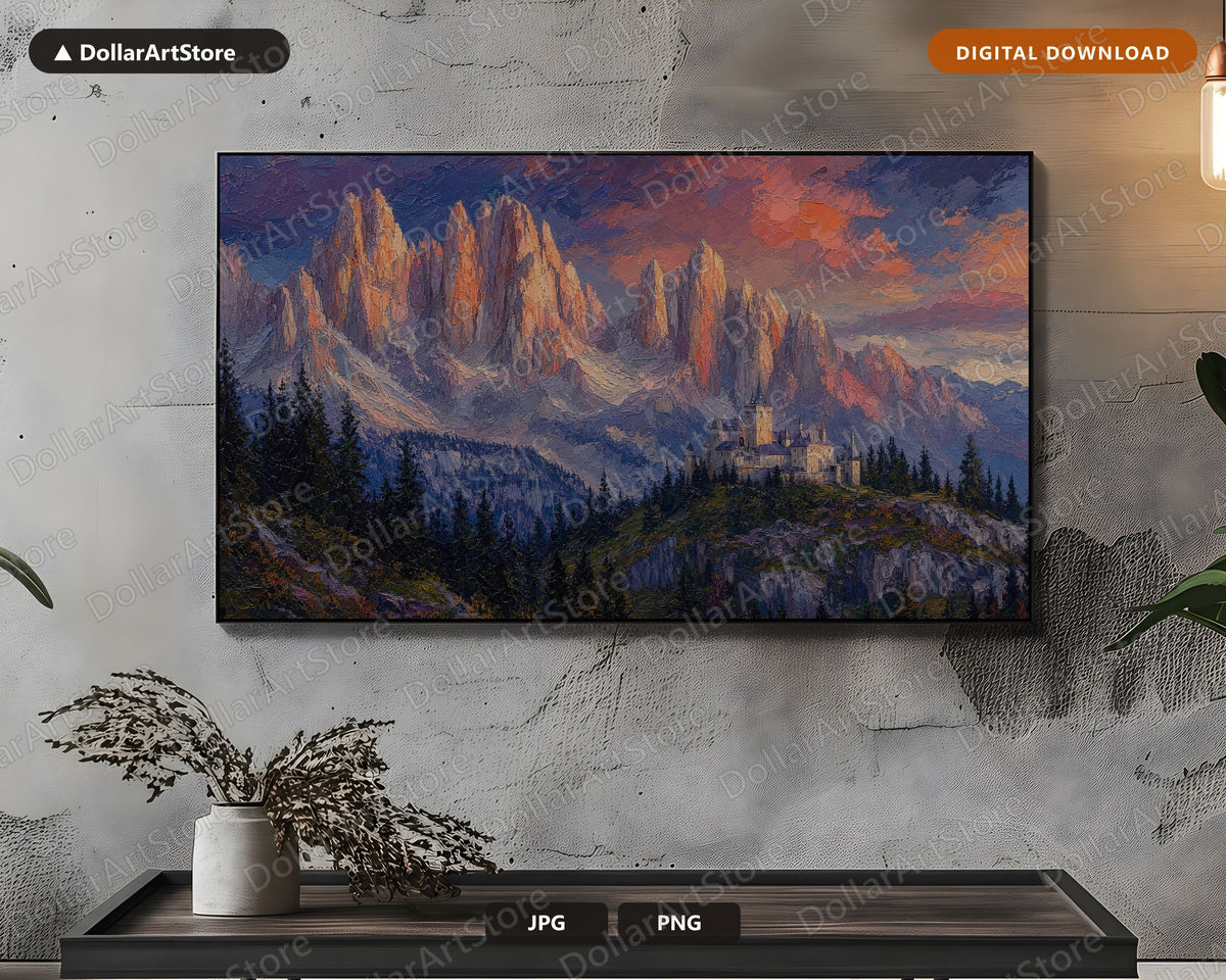 Textured Mountain Castle Frame TV Art, Scenic Landscape Digital Download, 4K TV Screensaver Art