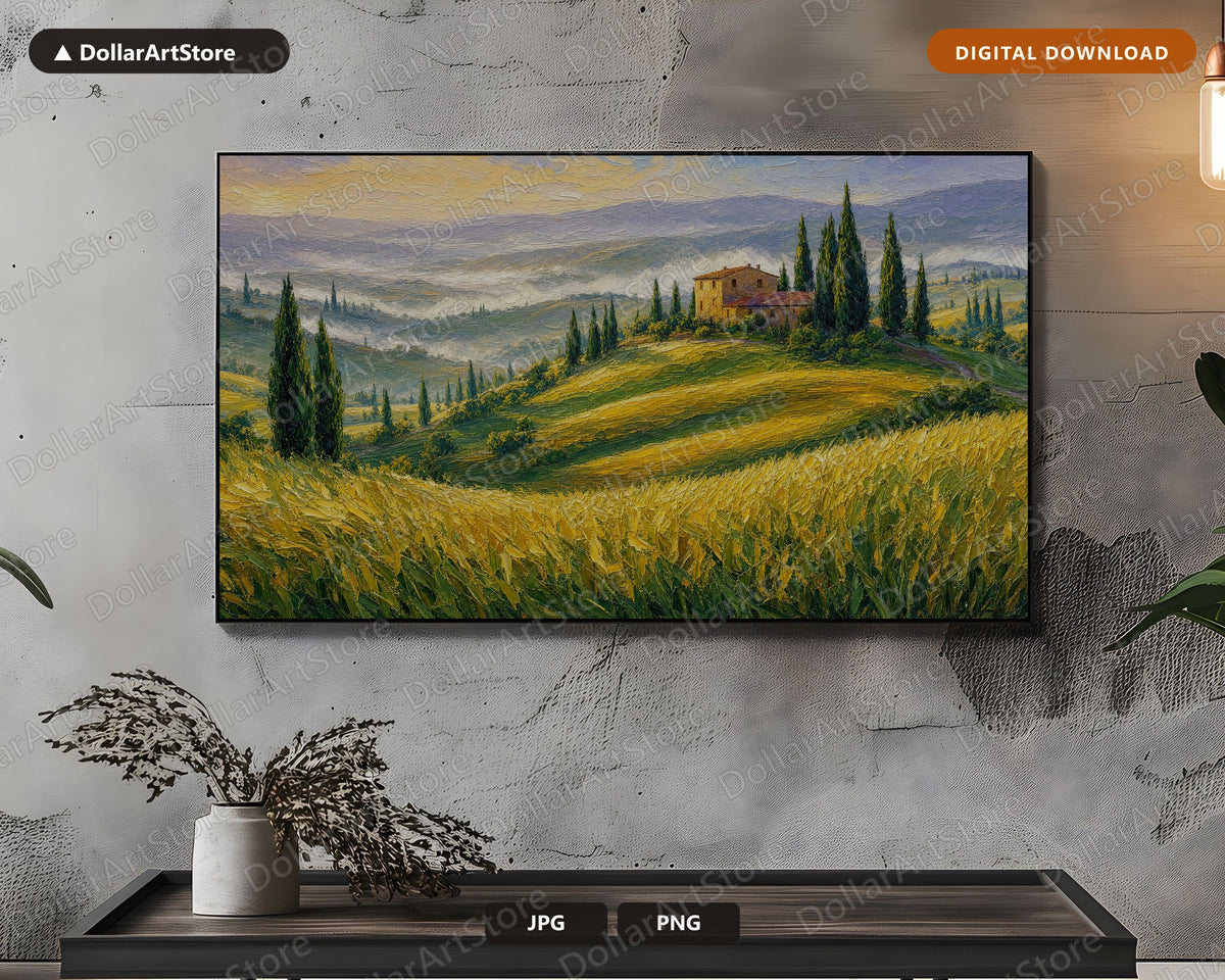 Cozy Tuscan Landscape Frame TV Art, Samsung Frame TV Digital Download, 4K Textured Cypress Hills Screensaver