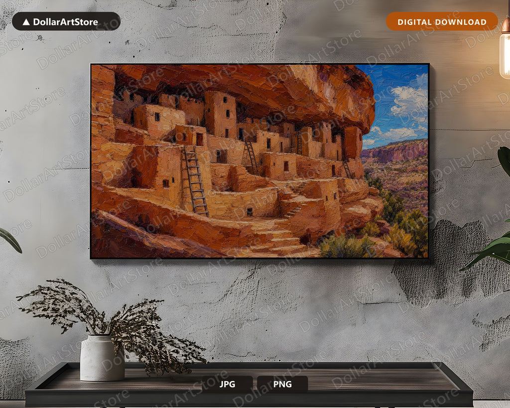 Cozy Rustic Canyon Dwellings Frame TV Art, Southwest Scenery Samsung Digital Download 4K