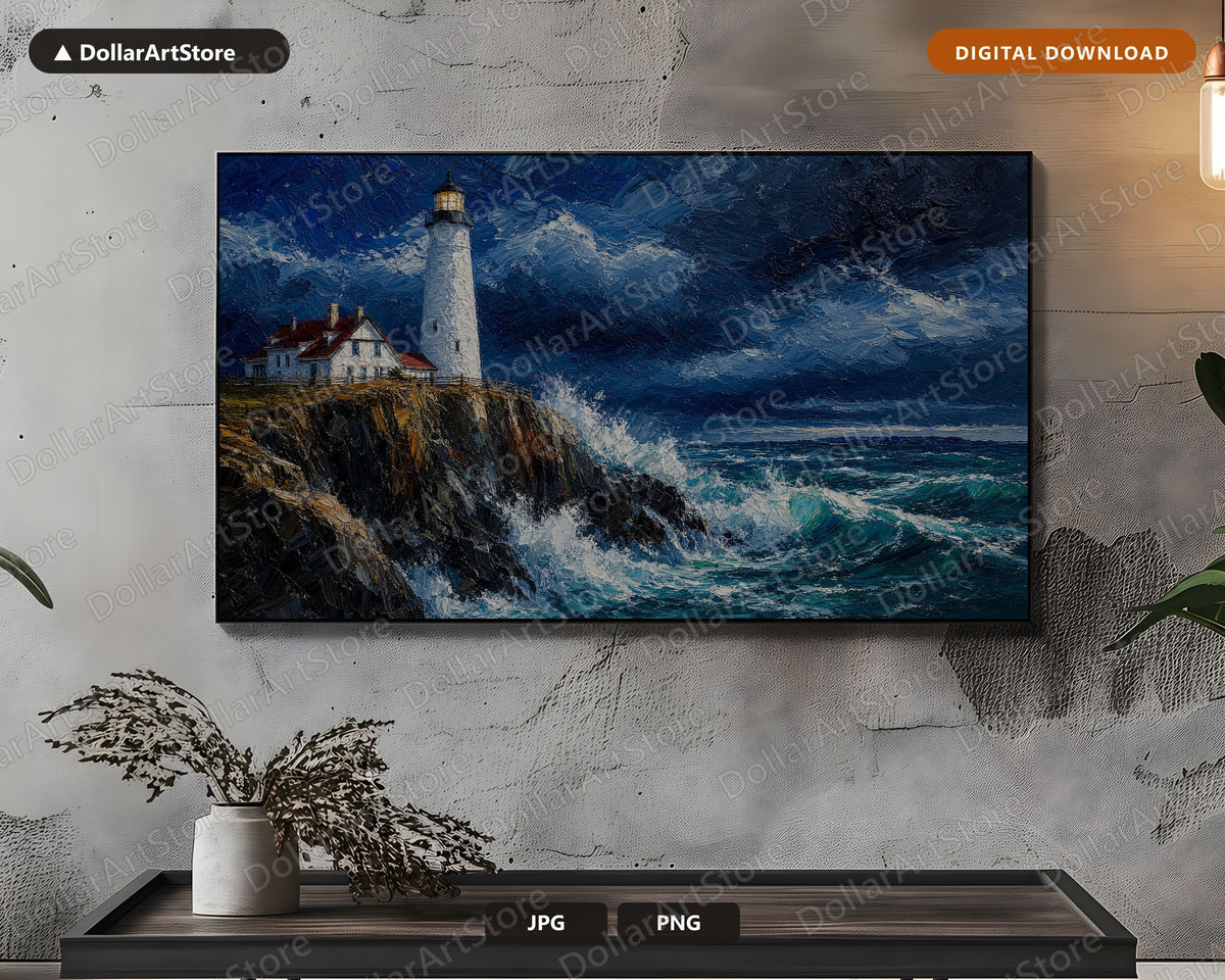 Cozy Lighthouse Frame TV Art, Samsung Frame TV Digital Download, 4K Textured Coastal Scenery
