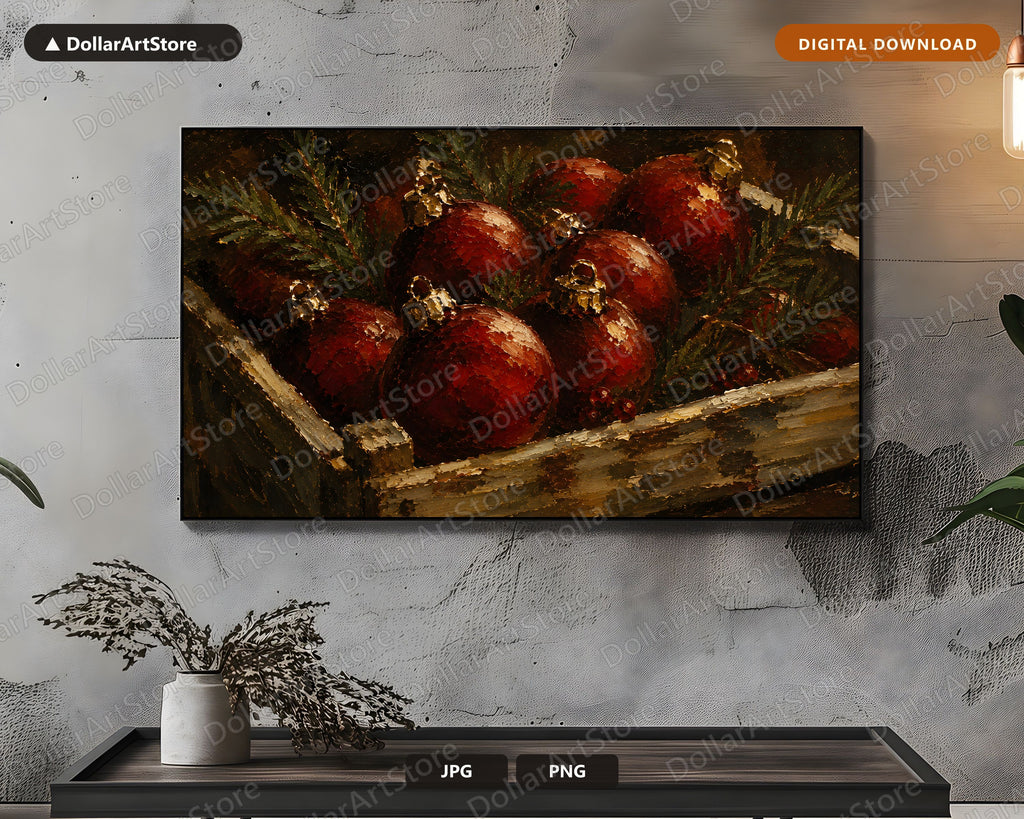 Cozy Holiday Frame TV Art, Red Ornaments Rustic Farmhouse 