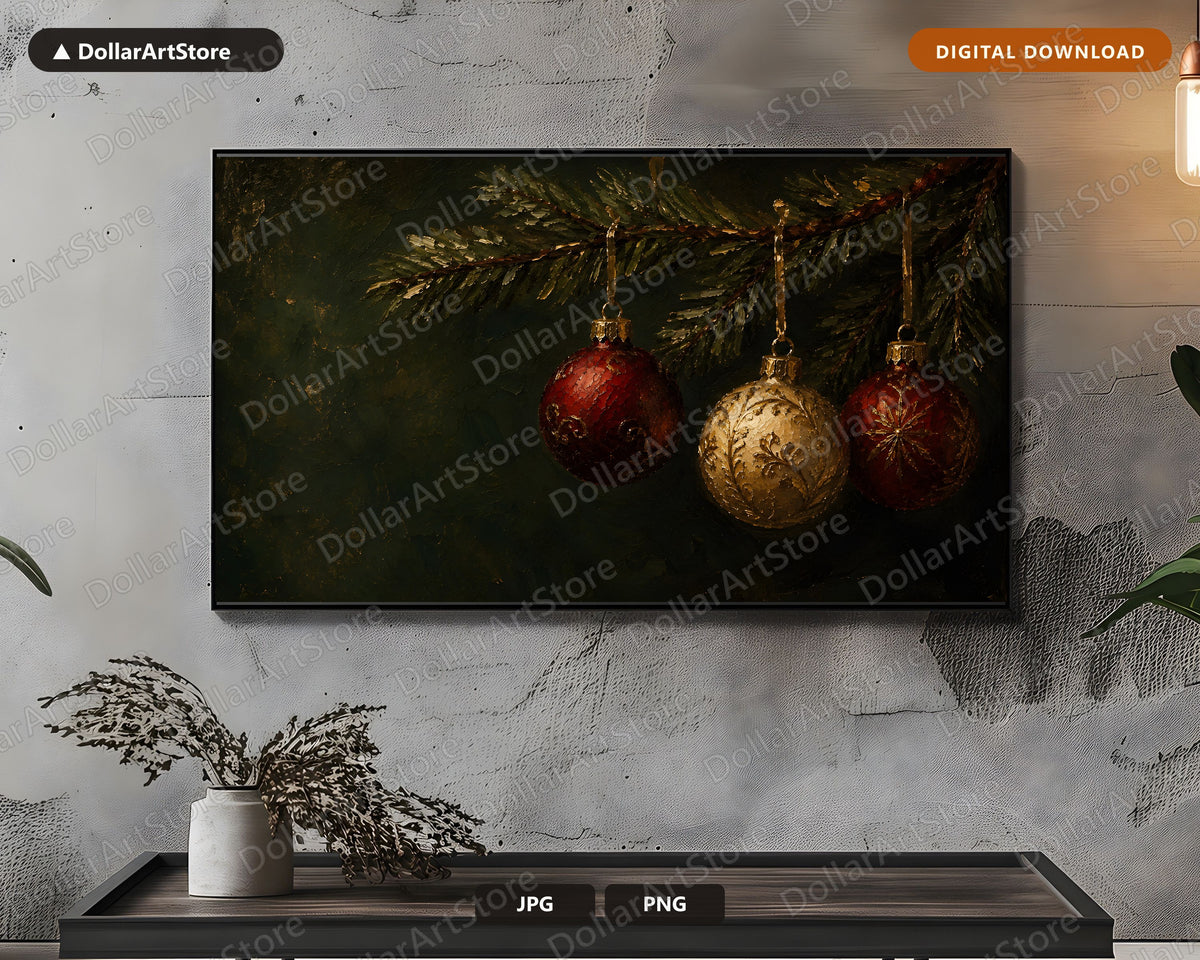 Cozy Holiday Frame TV Art, Christmas Ornament Samsung Frame TV Digital Download, 4K Rustic Textured Screensaver