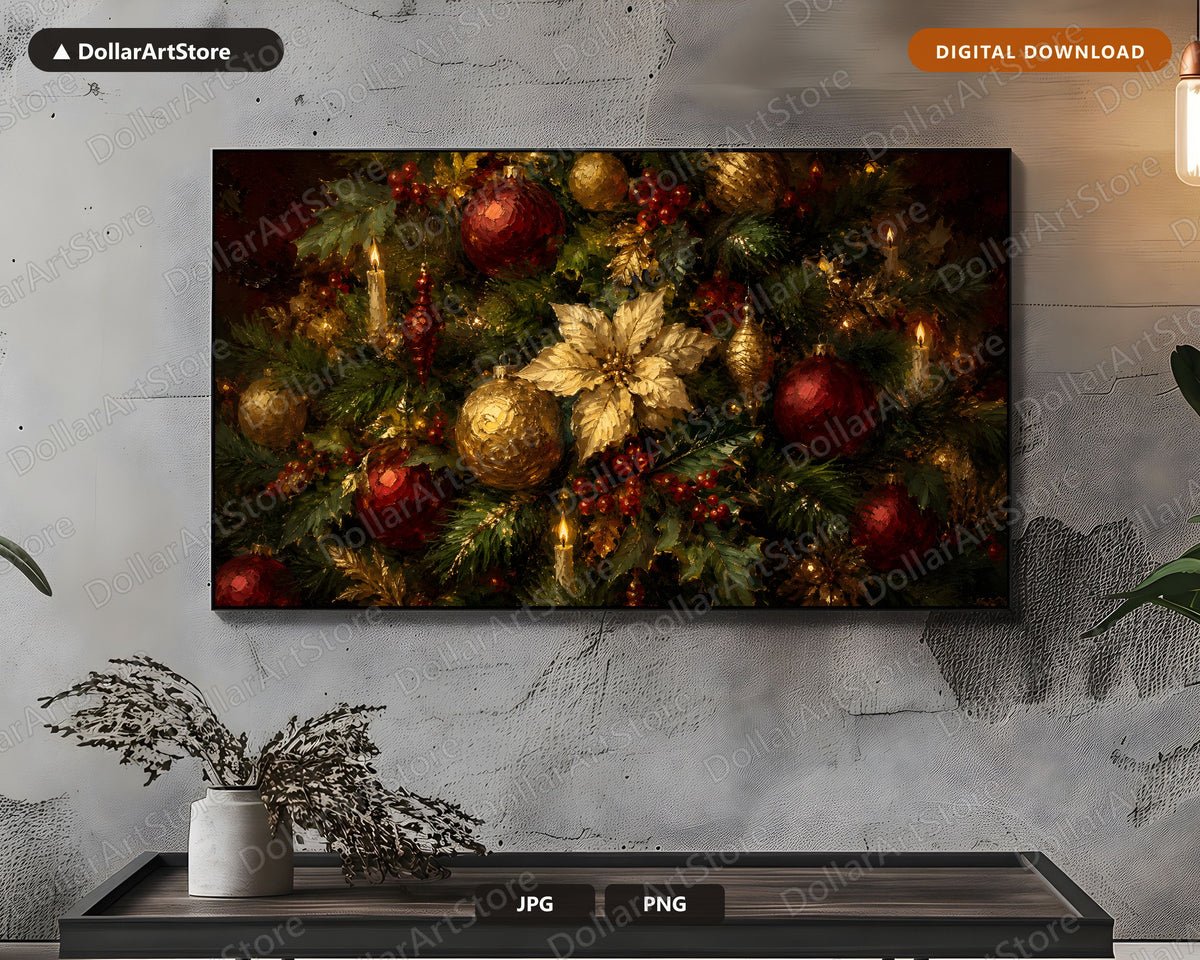 Cozy Holiday Frame TV Art, Christmas Ornaments & Florals