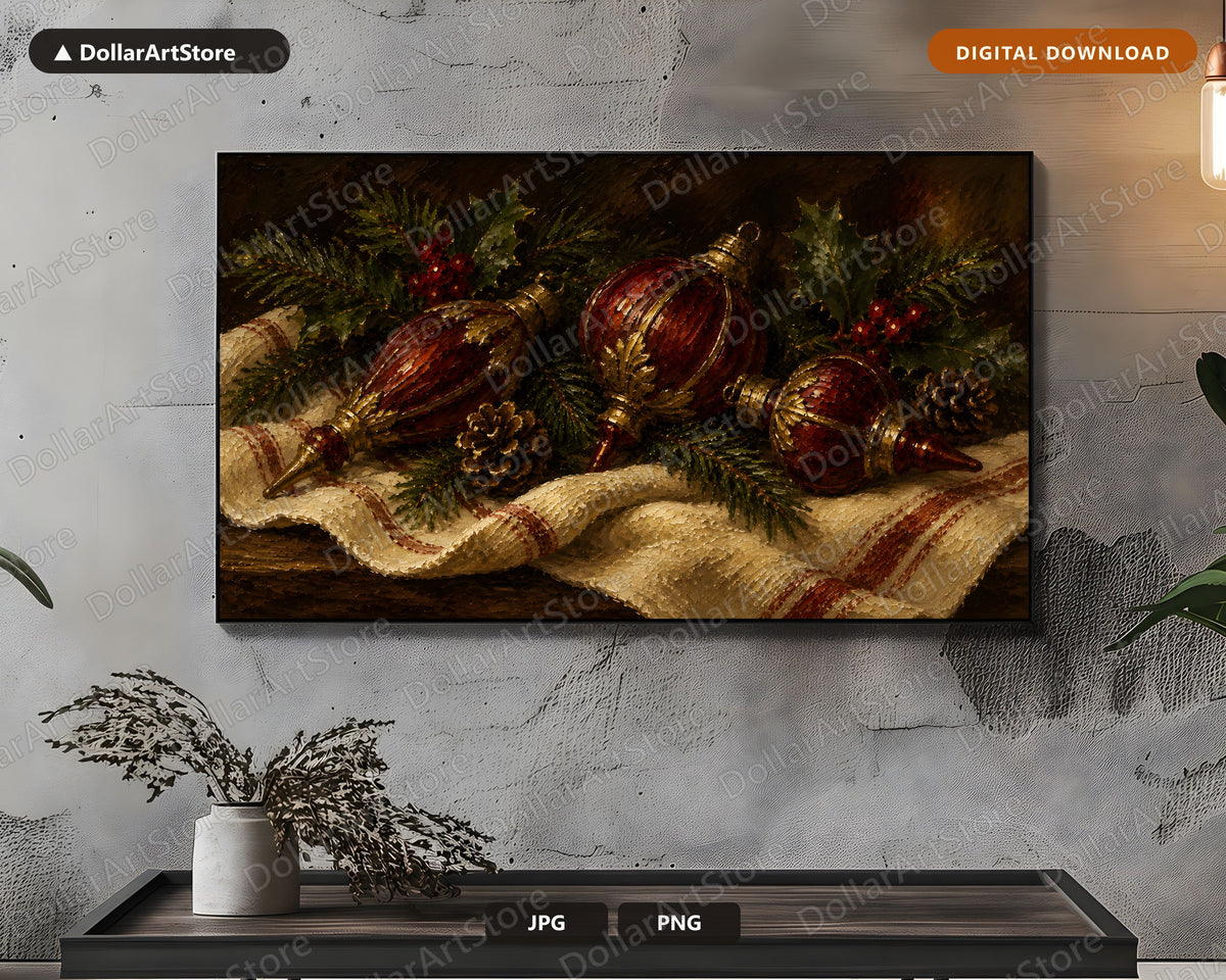 Cozy Christmas Frame TV Art, Red Gold Ornaments Samsung Frame Digital Download 4K