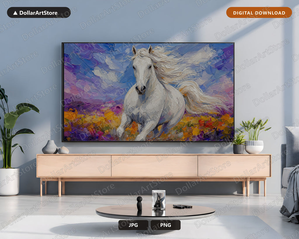 White Horse Frame TV Art, Samsung Frame TV Digital Download, Textured Landscape 4K Screensaver