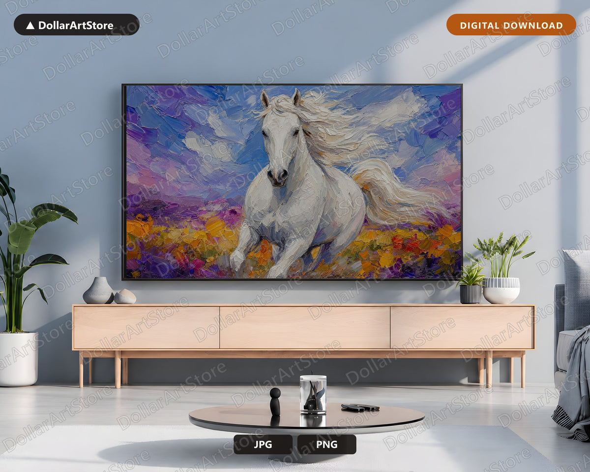 White Horse Frame TV Art, Samsung Frame TV Digital Download, Textured Landscape 4K Screensaver
