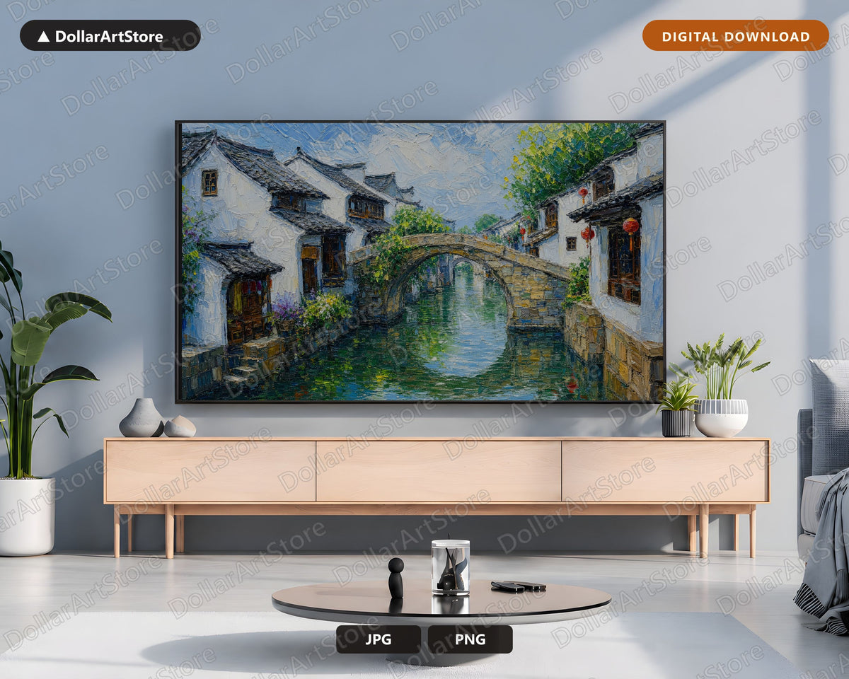 Cozy East Asia Frame TV Art, Samsung Frame TV Digital Download, 4K Textured Canal Scenery