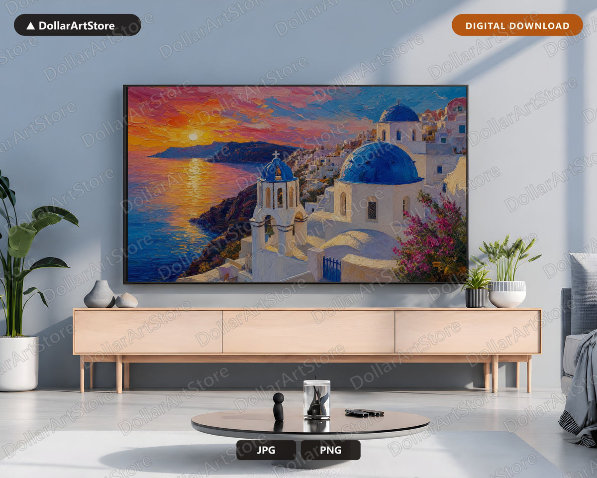 Cozy Santorini Sunset Frame TV Art, Samsung Frame TV Digital Download, 4K Textured Greek Island Scenery