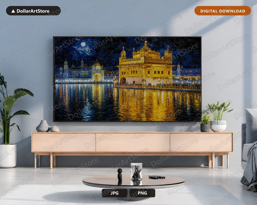 Golden Temple Night Frame TV Art, Cozy Scenery Samsung Digital Download, 4K Textured Waterfront TV Art