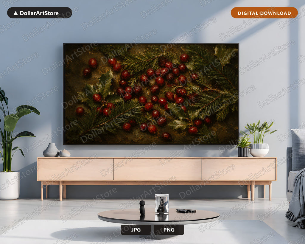 Holiday Frame TV Art, Red Berries Green Garland Samsung Frame TV Digital Download, Cozy Rustic Scenery