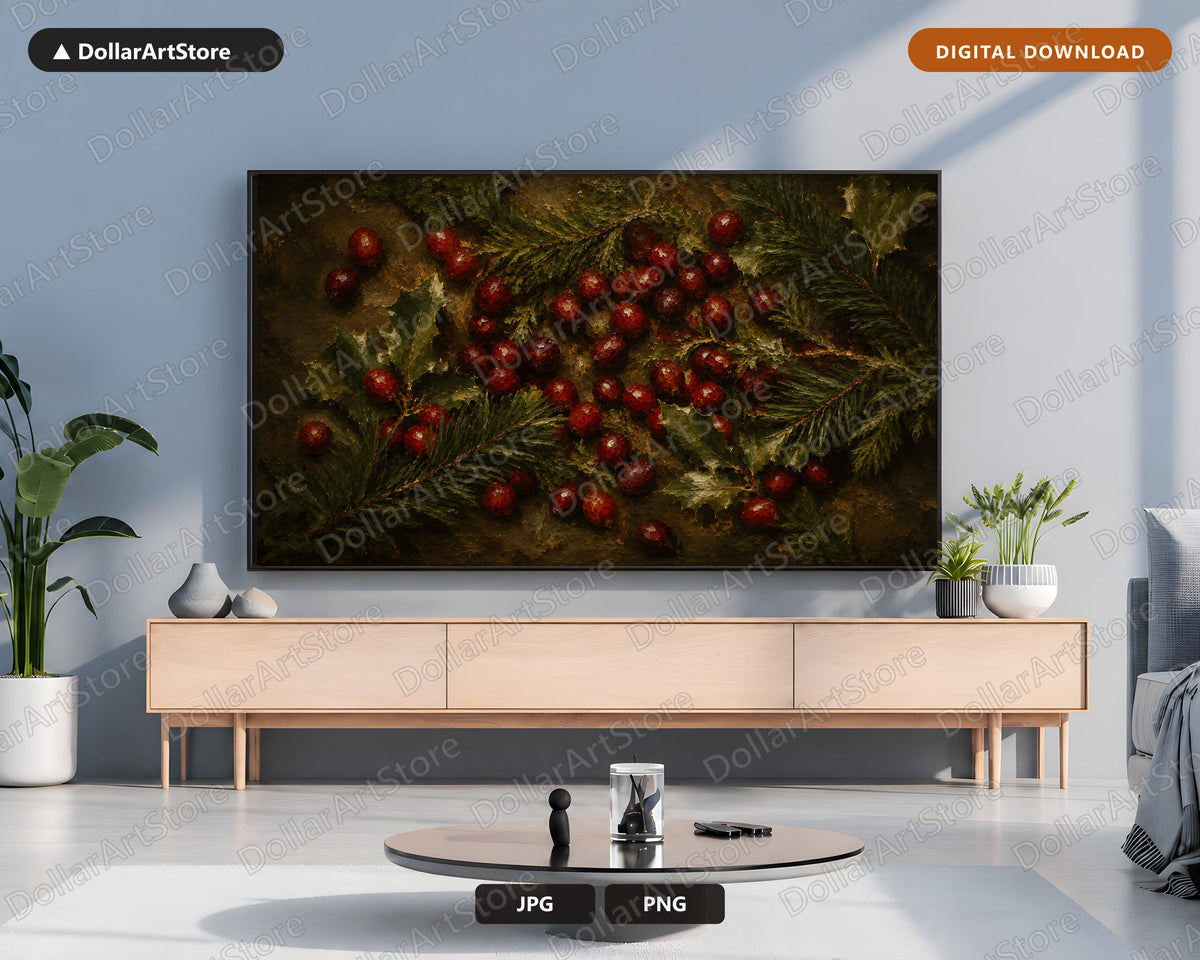 Holiday Frame TV Art, Red Berries Green Garland Samsung Frame TV Digital Download, Cozy Rustic Scenery