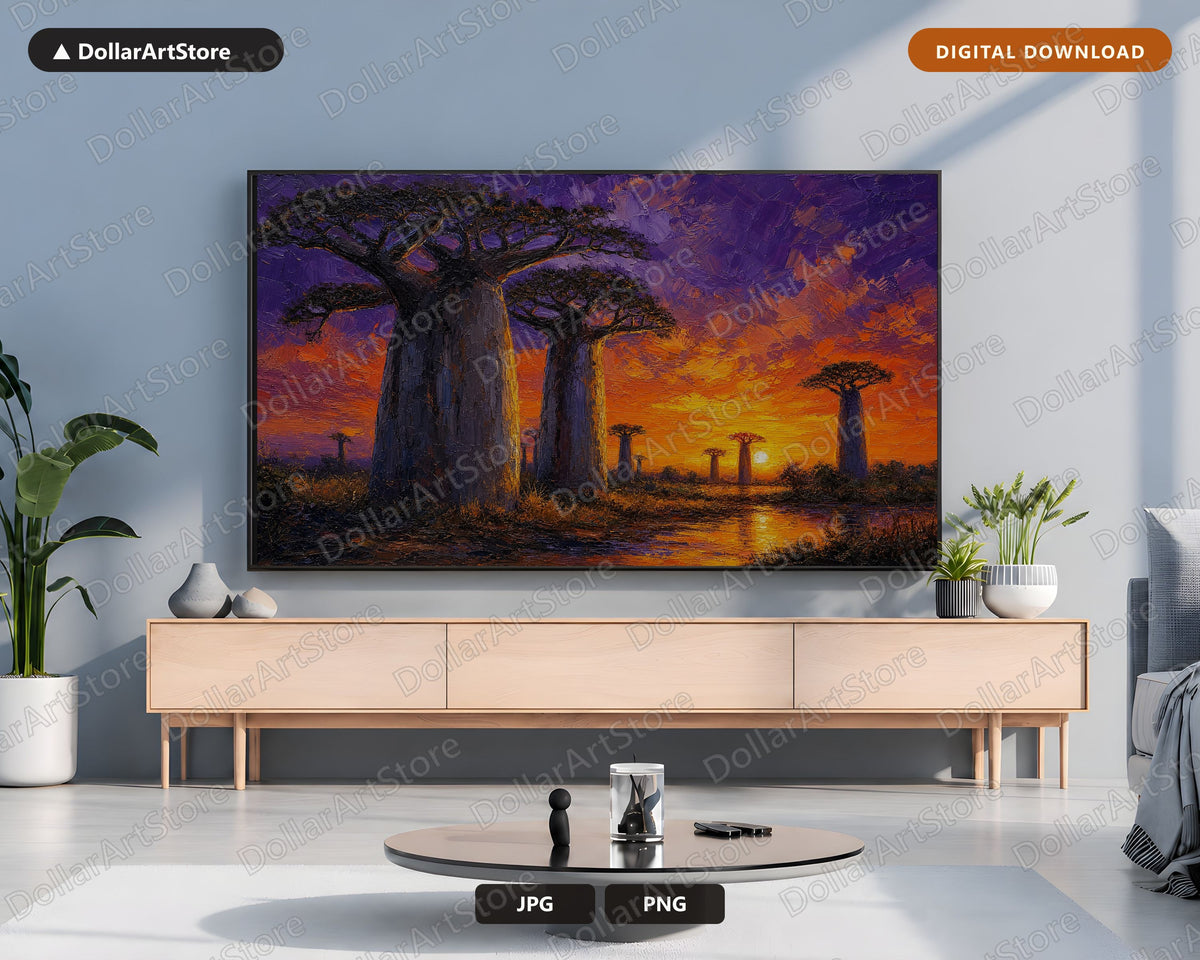 Cozy African Savanna Frame TV Art, Baobab Sunset Samsung Frame Digital Download 4K