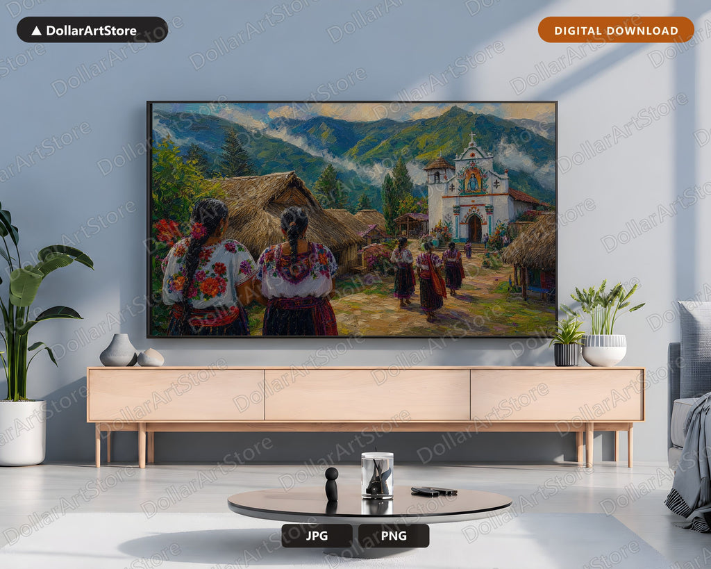 Cozy Mountain Village Frame TV Art, Samsung Frame TV Digital Download, 4K Textured Scenery
